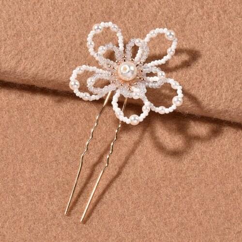 Flower Shaped Pearl Hairpins For Girls Sweet Handmade Beaded Alloy Bridal Hair Clips Wedding Hair Accessories Elegant Headdress