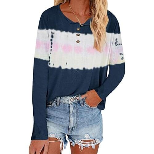 2021 Autumn Fashion Tie Dye T Shirt Women Button O-neck Long Sleeve Oversized Tops Tshirt Casual Loose Streetwear Tee Shirts