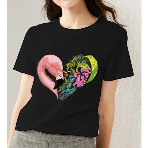 Womens Classic Black T-shirt All-match Flamingo Love Series Ladies Short-sleeved Trendy Top O-neck Casual T-shirt Commuter Wear