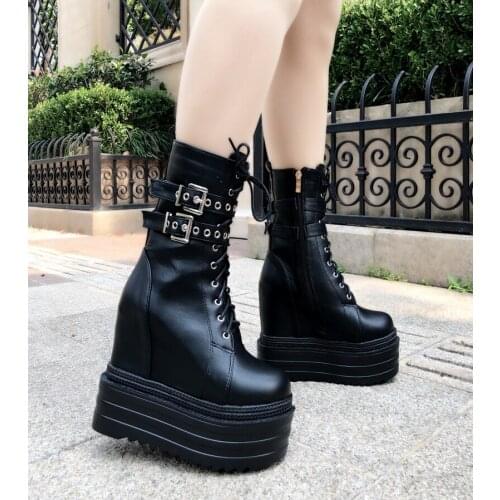 Winter Increases Heel Womens Abkle Boots Thick Bottom Wedges 13cm High Heel Platform Shoes Black Martin Boots Female