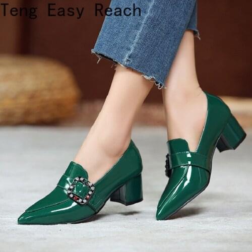 Women Rhinestone Heel Heels Lady Patent leather Thick Heel Autumn Pointed Shoes Female Office Casual Shoes Large size 32-45