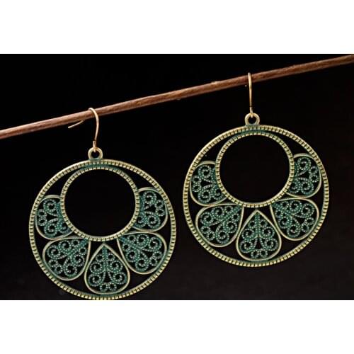 TopHanqi 2019 Boho Vintage Bronze Drop Earrings For Women Handmade Ethnic Hollow Round Metal Dangle Earring Egypt Gypsy Jewelry