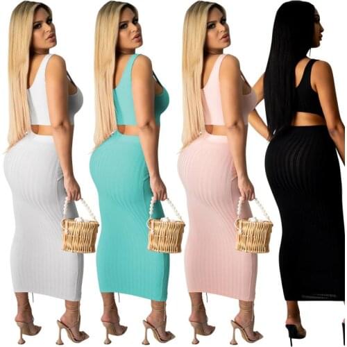 2021 Summer Sexy Knitted Bodycon Long Dress Sets Pink 2 Piece Skirt Set for Women Elegant Vacation Outfits Female Clothing
