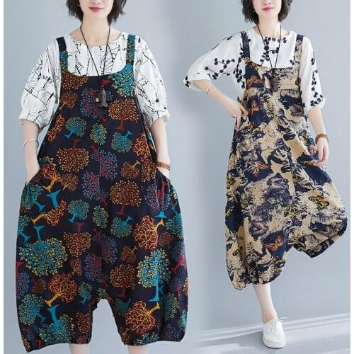 Spring Summer Women Printed Cotton Linen Overalls Rompers Strap Pocket Low Crotched Pants Vintage Casual Jumpsuits 2021 Fashion