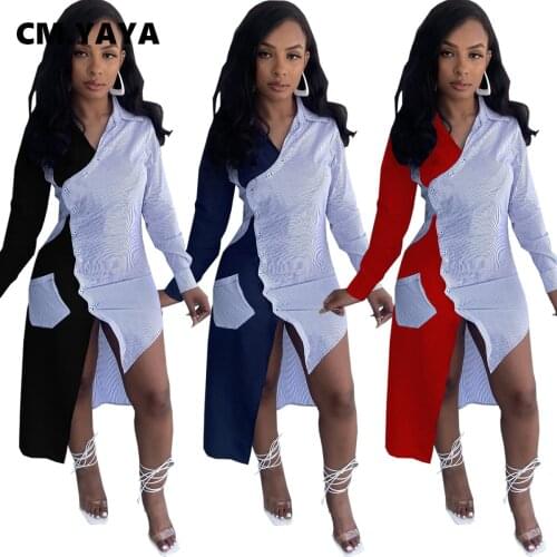 CM.YAYA Women Patchwork High Low Irregular Blouse Style Dress Long Sleeve Fashion Dresses