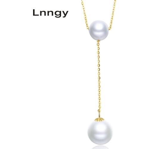 Lnngy 18K Yellow Gold Natural Cultured Freshwater Pearl Necklace for Women New Queen Water Drop Chain Link Pearl Gold Jewelry