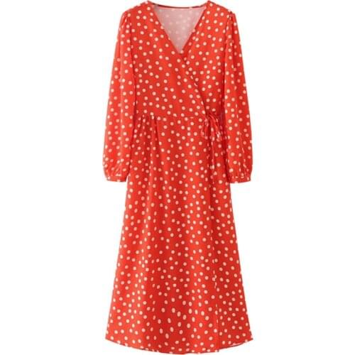 YENKYE Elegant Women Vintage Polka Dot Wrap Red Dress Female Cross V Neck Puff Sleeve Casual Party Long Dress Autumn Vestido