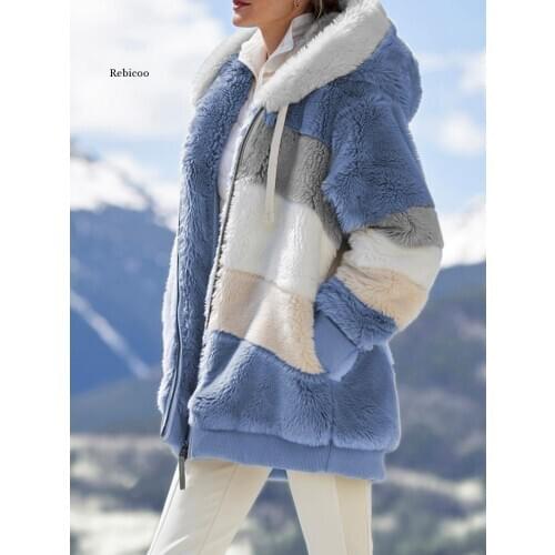 Winter Womens Coat Fashion Casual Stitching Plaid Ladies Clothes Hooded Zipper Ladies Coat Lamb Hair Women Jacket