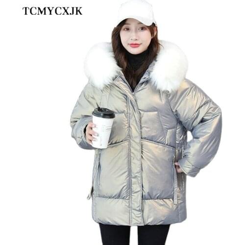 2021 Winter Bright womens hooded jacket Korean Fashion Loose Mid-length Fur Collar Snow Jacket Women Plus Size Womens Coat