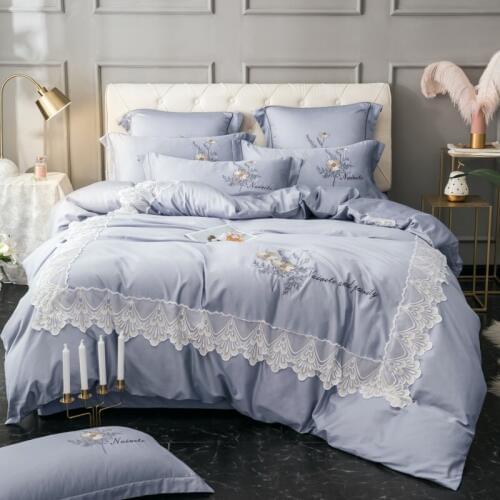 2018 Grey Luxury Satin bedding sets Embroidery bed set double queen king size lace duvet cover bed sheet set pillowcase 4/6pcs