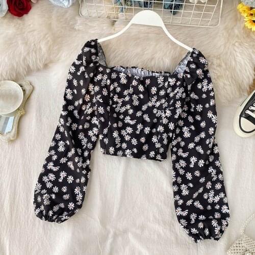 Fashion Women Blouses Autumn Slash-Neck Long Sleeve Blouse Casual Floral Printing Short Ladies Top Blouses рубашка женская