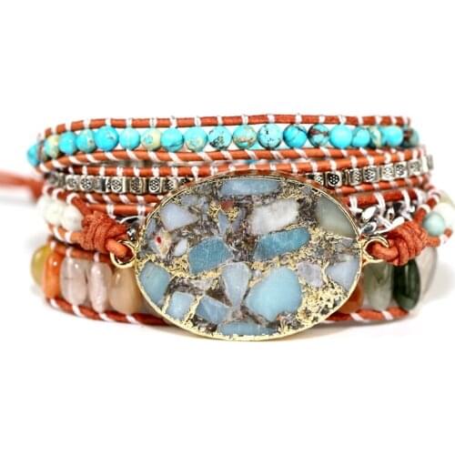 Boho 5X Leather Wrap Beaded Bracelet Huge OceanStone Bracelet Bohemian Bracelet Valentines Gift 2021