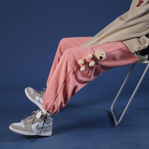 2021 Mens With Bear Elastic Waist Casual Pants Loose Japanese Streetwear Trousers Oversized Pocket Jogger Sweatpants Size S-2XL