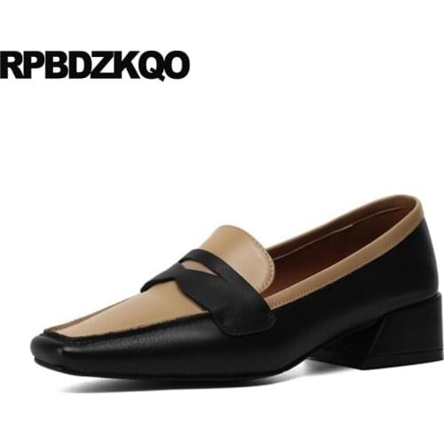 Black Block 2021 Nude Pumps Women Square Toe Leather Low Heels Size 4 34 Medium Genuine Vintage Shoes Multi Colored European