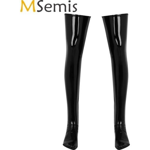 Men Sexy Latex Stockings Anti-Skid Elastic Thigh High Footed Socks Sissy Erptic Cosplay Stocking Wetlook PVC Leather Gay Costume