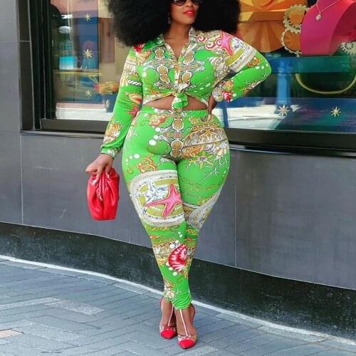 Sexy Pants Sets for African Fashion Green Printed Tight Full Sleeve Shirts & Pencil Pants Elegant Evening Night America Sets Hot