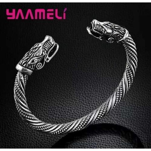 New Arrival 925 Sterling Silver Mens Bangle Punk Style Fashion Dragon Head Cuff Bracelets Costume Party Jewelry