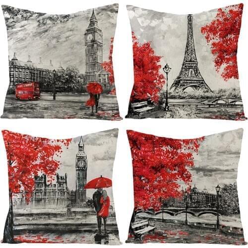 Throw Pillow Cover 4 Piece Set, The Eiffel Tower Pattern Square Decorative Bed Pillowcases Soft Classic Decorative Cushion