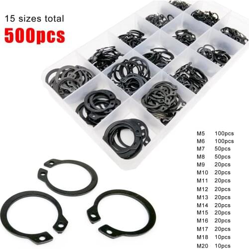250/500pcs Assortment Kit Set 5-20mm GB894 Black 65mn Steel Retaining Clip Snap Ring C Type External Circlip for Bearing Shaft