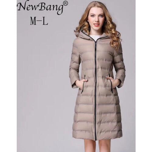 NewBang Womens Hooded Down Coat Female Long Down Coat Winter Slim Warm Lightweight Duck Jackets Parka Women Overcoats