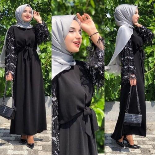 2021 New Arab Dress Muslim Fashion Tassel Sequin Splicing Long Sleeve Dress Cross Border Girls Clothes Black