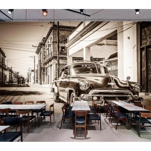 Custom 3D wallpaper photo wall retro nostalgic black and white street classic car hotel restaurant mural background wall