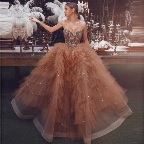Amazing Beaded Champagne Ball Gown Prom Dresses 2020 Unique Tiered Tulle Pearls Heart Arabic Evening Dress Gown Vestidos de gala
