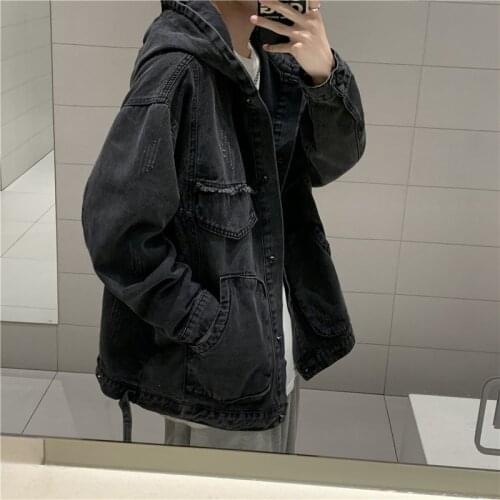Casual Loose Mens Denim Jacket Spring Autumn Solid Korean Hooded Jacket Men High Quality Oversized Mens Jean Jacket
