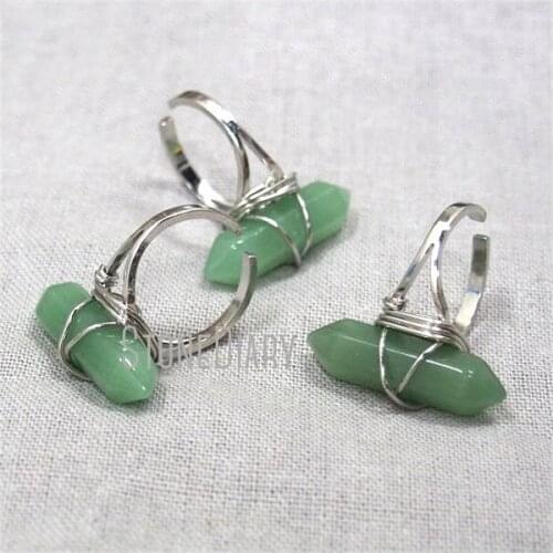 RM13015 10Pcs Winding Silver Finish Faceted Double Terminated Point Ring Aventurine Jades Ring On Sale Adjustable