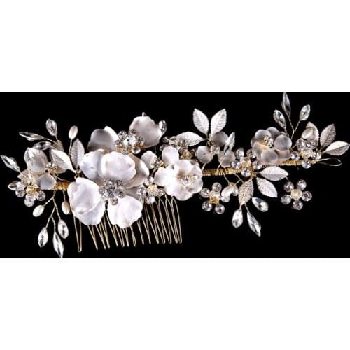SLBRIDAL Handmade Golden Wired Rhinestones Crystal Pearls Flower Wedding Hair Comb Bridal Hair comb Hair accessories Bridesmaids