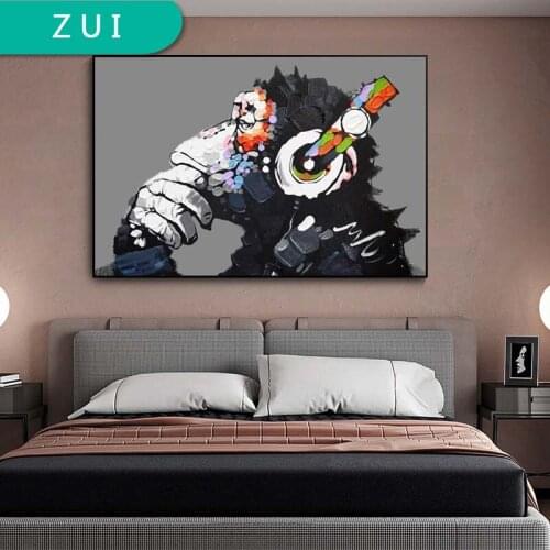 Modern Funny Thinking Monkey With Headset Watercolour Art Prints Oil Painting On Canvas Wall Picture For Living Room Decoration