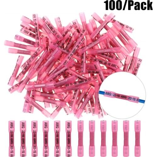 100PCS 22-16 AWG Heat Shrink Crimp Terminals Waterproof Fully Insulated Seal Butt Electrical Wire Connectors Kit Assortment Blue