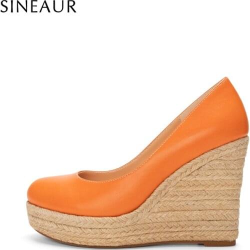 SINEAUR Women Shoes Fashion Super High Pumps Straw Wedge Heels Round Toe Orange Holiday PU Elegant Office Ladies Plus Size 35-45