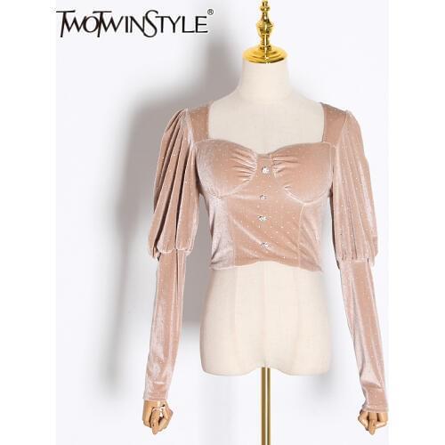 TWOTWINSTYLE Patchwork Diamonds Blouses For Female Square Collar Puff Long Sleeve Ruched Shirts Women Fashion Clothing 2020 Tide