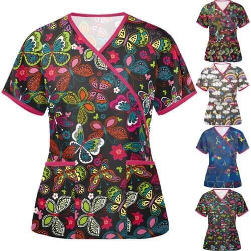 Women Medical Uniform 2021 Ladies Plue Size Animal Print Casual Short Sleeve V-neck Carer Top Summer Sexy Medical Blouse Woman