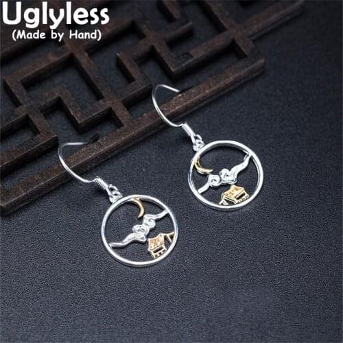 Uglyless Romantic Eastern Poetry Jewelry for Women Moon Rise Lucky Clouds House 925 Silver Earrings China Chic Brincos Bijoux