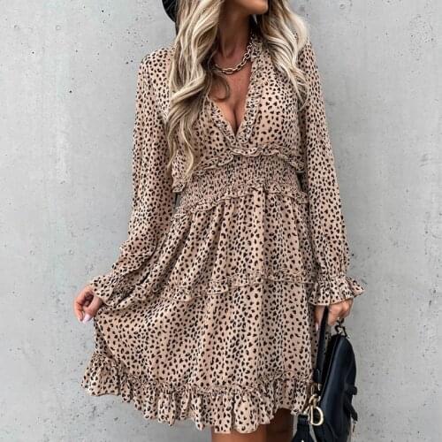 Sexy Deep V Neck Leopard Print Women Dress 2020 Autumn Winter Long Sleeve Ruffles A-Line Dresses Elastic Waist Party Vestidos