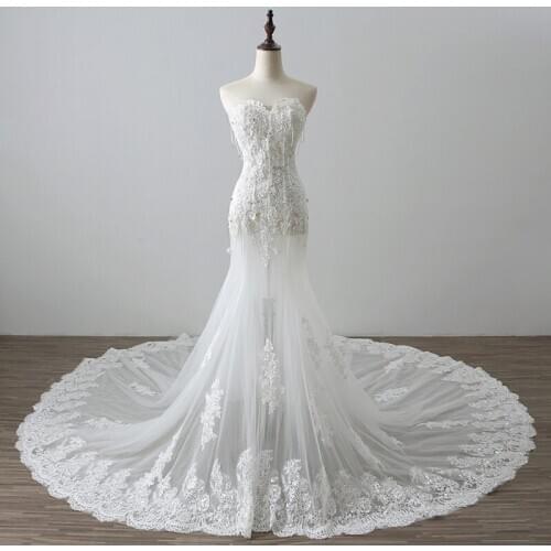 2020 White Mermaid Lace Up Back Strapless Evening Dress Beading Flowers Long Train Bride Dress Robe de soirée LE40756
