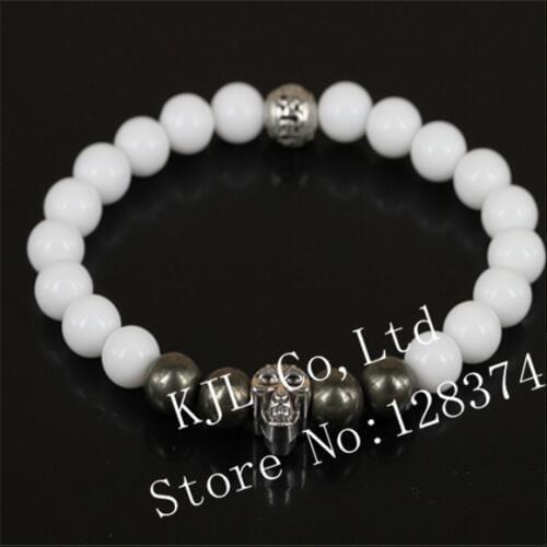 1pcs 2017 new design rope chain white stone bracelet with skull head natural 8mm beads bangles for men/women