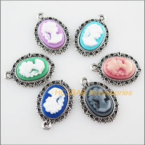 12 New Oval Beauty Mixed Resin Charms Tibetan Silver Tone Pendants 16.5x23mm