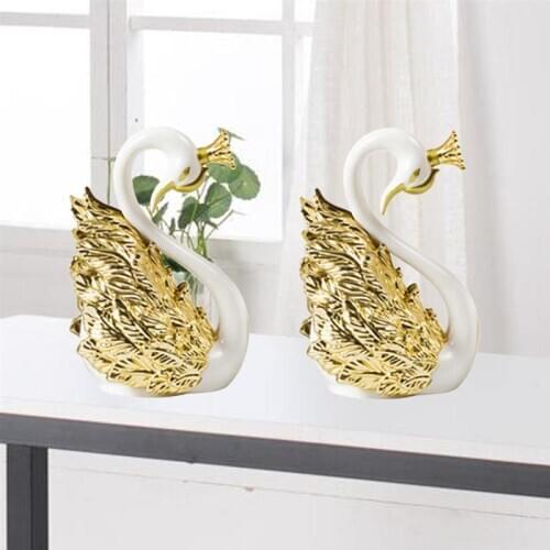 2 Pcs Crown Swan Plastic Sculpture Creative Cake Figurine Decoration Desktop Adornment Car Ornament (Golden)