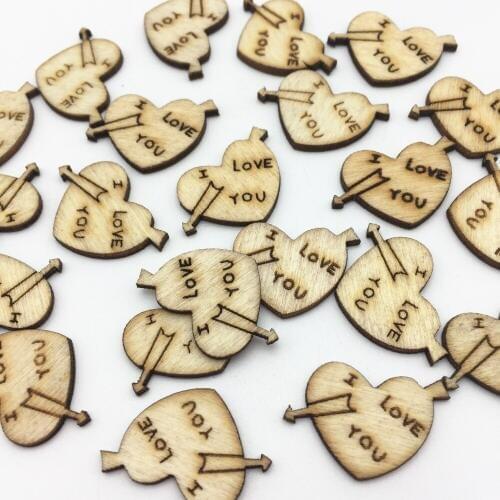 200pcs I Love You Natural Wood Heart With Cupids Arrows Chips Confetti DIY Crafts Supplies Embellishments 15X24mm