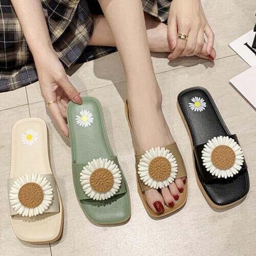 2020 Summer Fashion Daisy Slippers PU Flat Flower Sandals Outdoor Ladies Beach Shoes Women Slippers Indoor Flat Casual Flip Flop