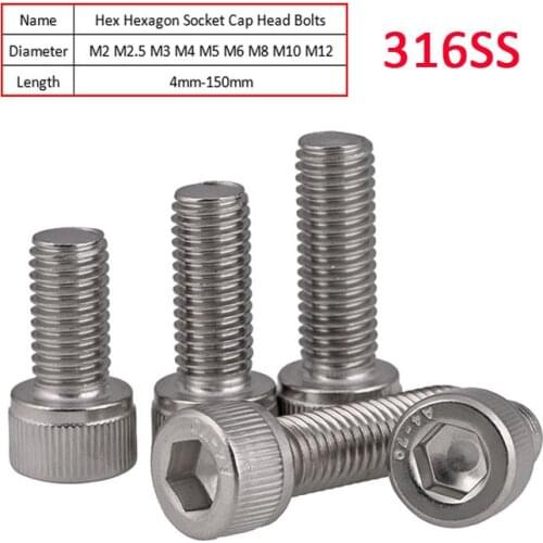 316 Stainless Steel Hex Hexagon Socket Cap Head Bolts Marine Grade Allen Screws M2 M2.5 M3 M4 M5 M6 M8 M10 M12 Length 4-150mm
