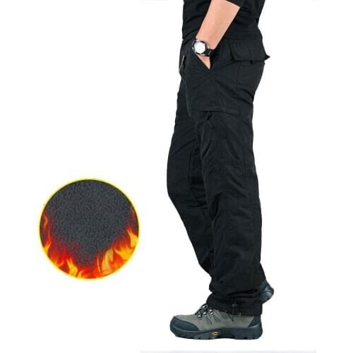 Mens Cargo Pants Thick Fleece Multi Pockets Military Tactical Pants Cotton Men Outwear Straight Casual Trousers for Winter