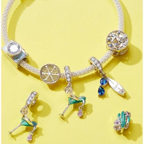 2020 Summer Holiday Series Wostu 925 Sterling Silver Charm&Bead Green Enamel Cactus and Lemon Beads for Original Bracelet