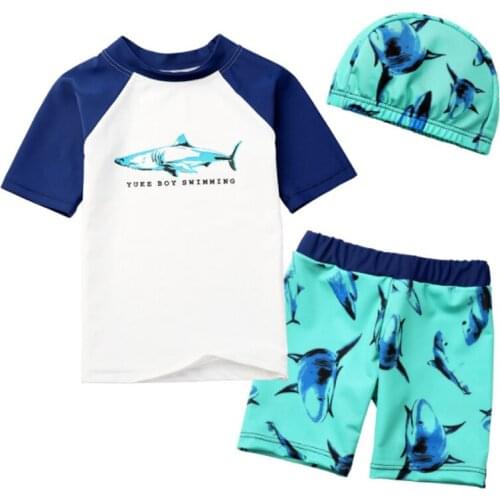 Y286 quick drying kids boy swim trunk shorts cap shirts bikinis set shark pattern baby boy swimsuit child swimwear beach wear