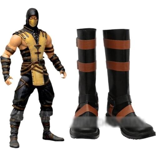 Game Mortal Kombat 11 Scorpion Fujin Cosplay Long Boots Leather Shoes Custom Made Any Size For Boys and Girls Halloween Party
