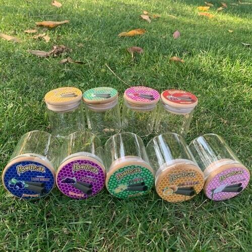 HONEYPUFF Clear Glass Storage Tank with Wooden Moisture-proof Cover Vacuum Sealed Bottle with Flavor Pattern Silicone Pad Jar