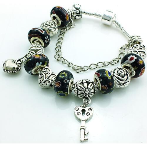 JINGLANG Europe Style Plated Ancient Silver Key Charm Bracelet For Men Black Murano Ceramic Beads DIY Jewelry